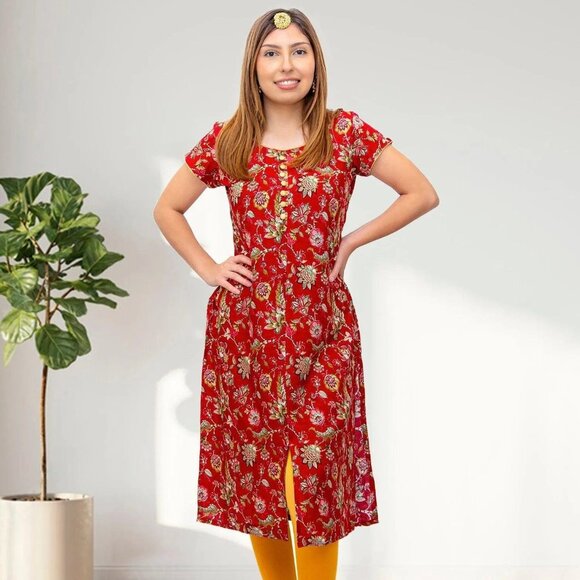 Red Flower Print Kurta, Tranquil Threads | Muvvas Boutique - Picture 1 of 5